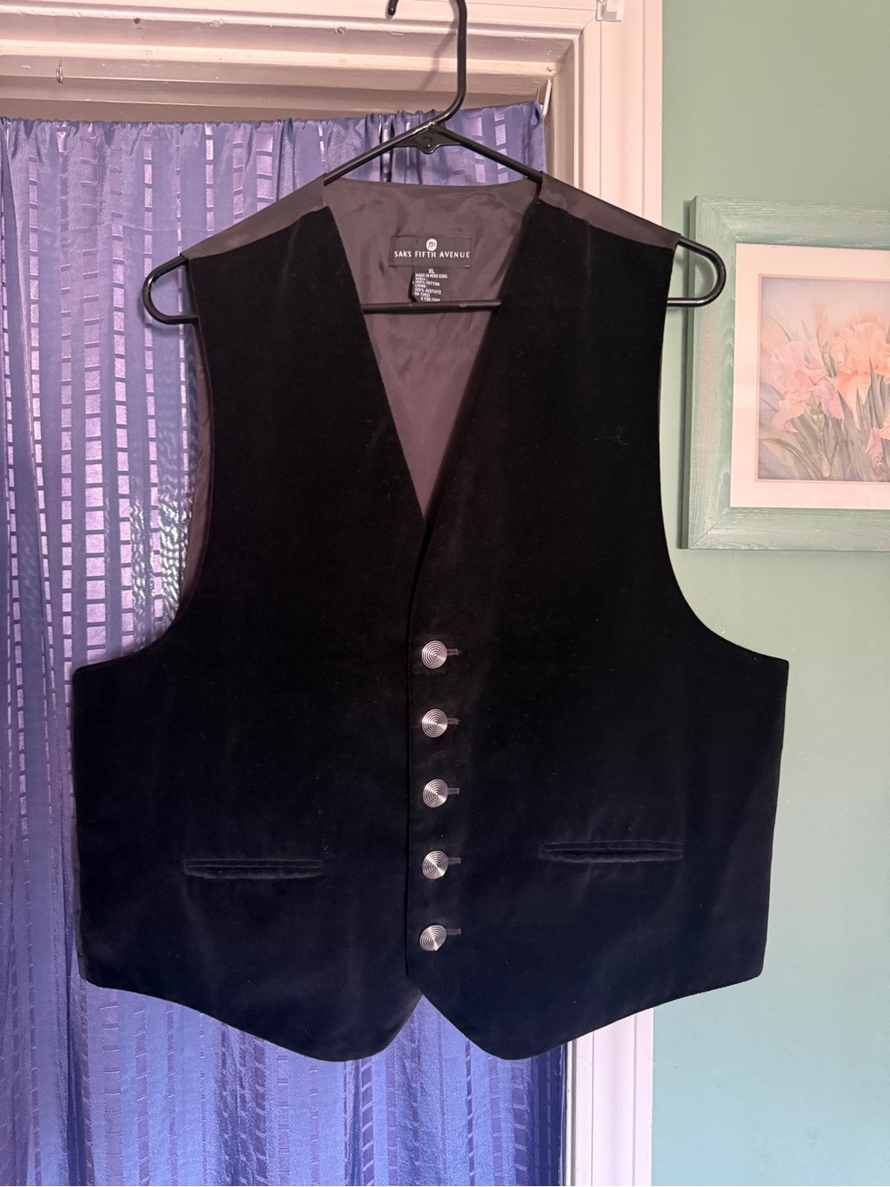 Saks Fifth Avenue Black Velvet Vest L-XL Chest 44” Formal Button Front